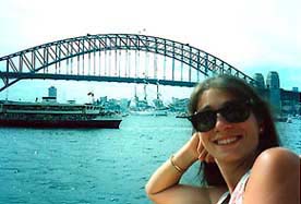 Debbie and a tall ship in Sydney Harbour